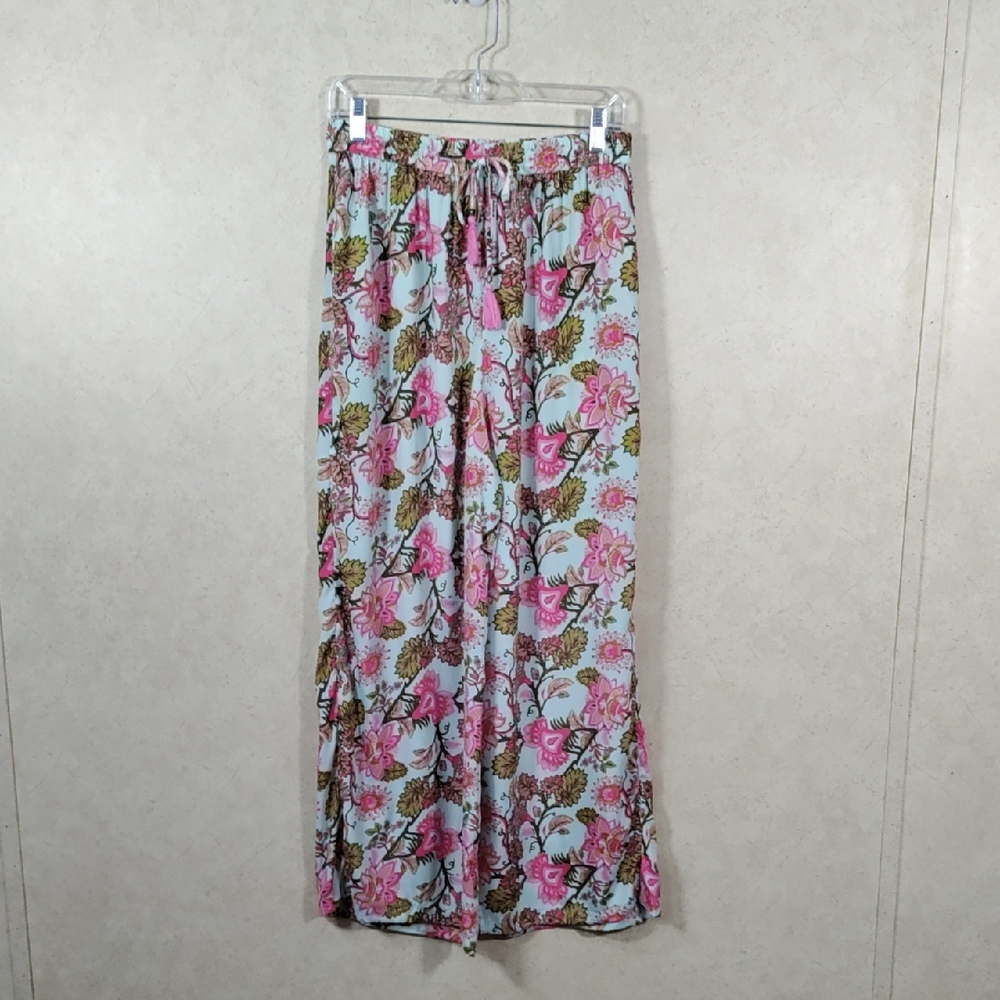 04103 Cienna mint green w/olive & pink floral print wide leg pants XL